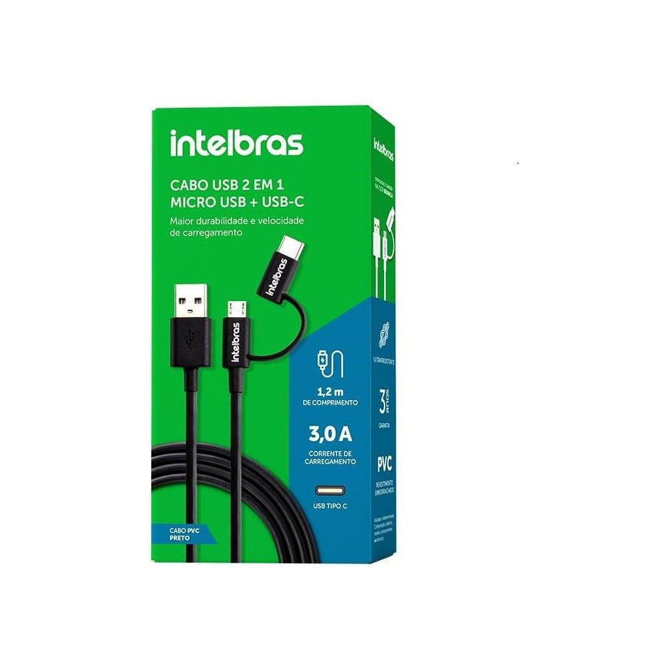 Cabo 2 em 1 Micro USB e USB-C Intelbras 1.2m Preto