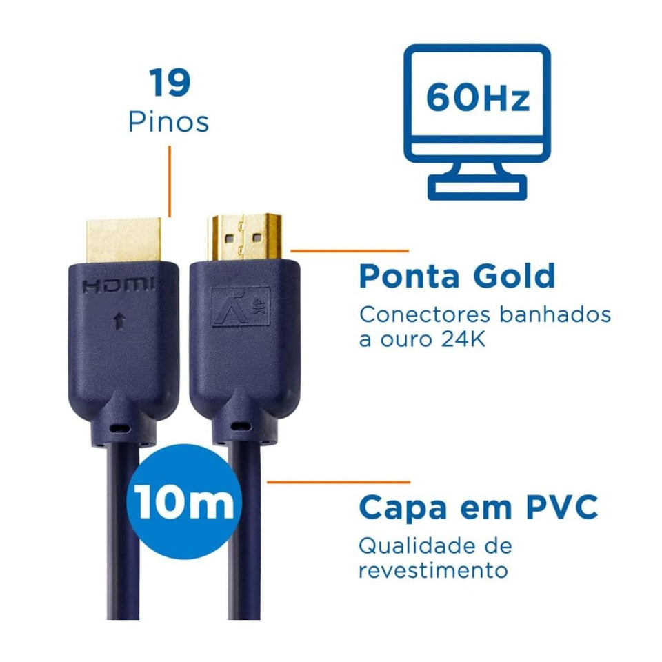 Cabo De Video Hdmi 4K 3D 19 Pinos 10 Metros Aquario