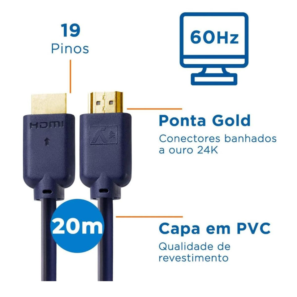 Cabo De Video Hdmi 4K 3D 19 Pinos 20 Metros Aquario
