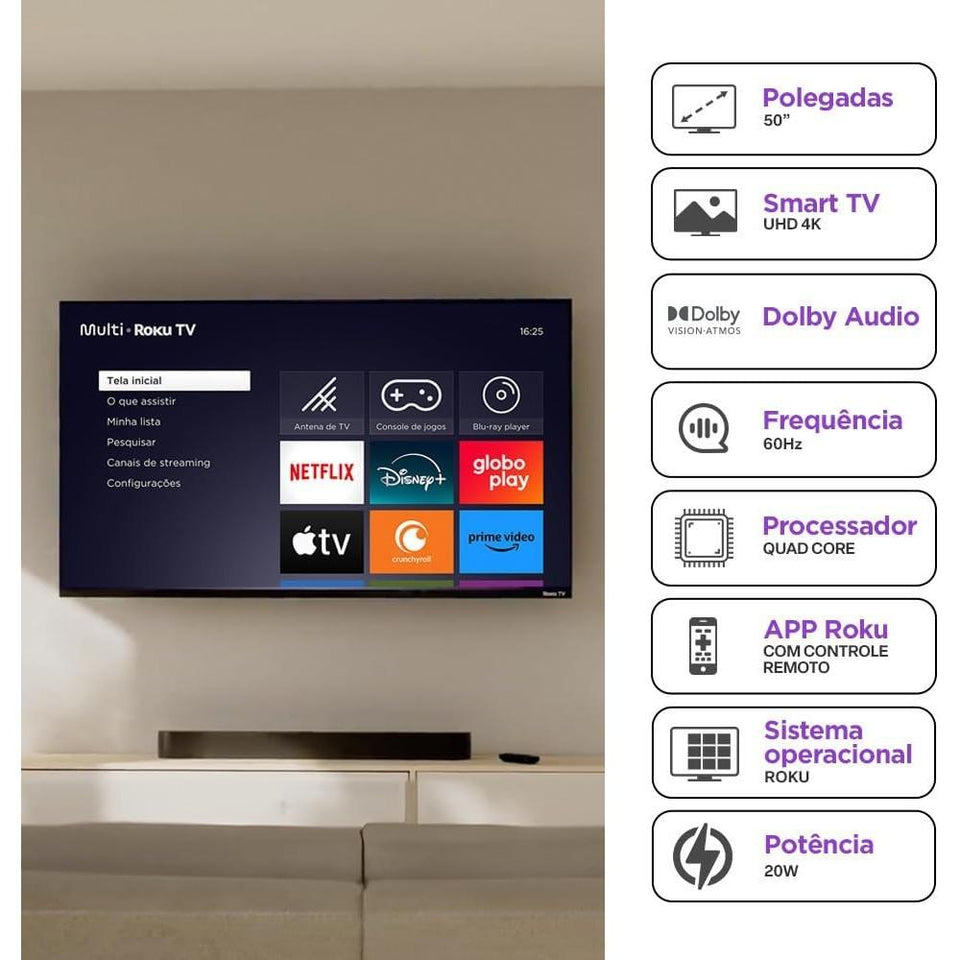 Smart TV QLED Multilaser 50" 4K Roku TL059M