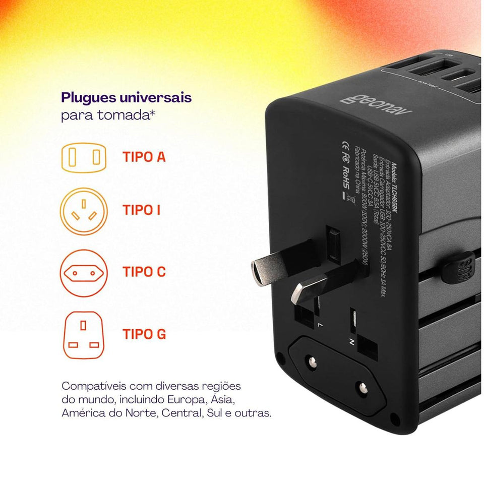 Carregador Adaptador Universal De Viagem 4 Geonav Tlch65Bk