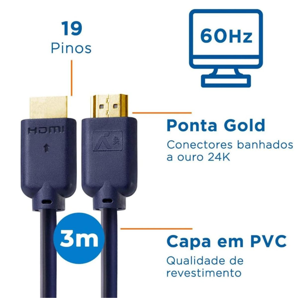 Cabo HDMI 2.0 4K 3 Metros Aquário