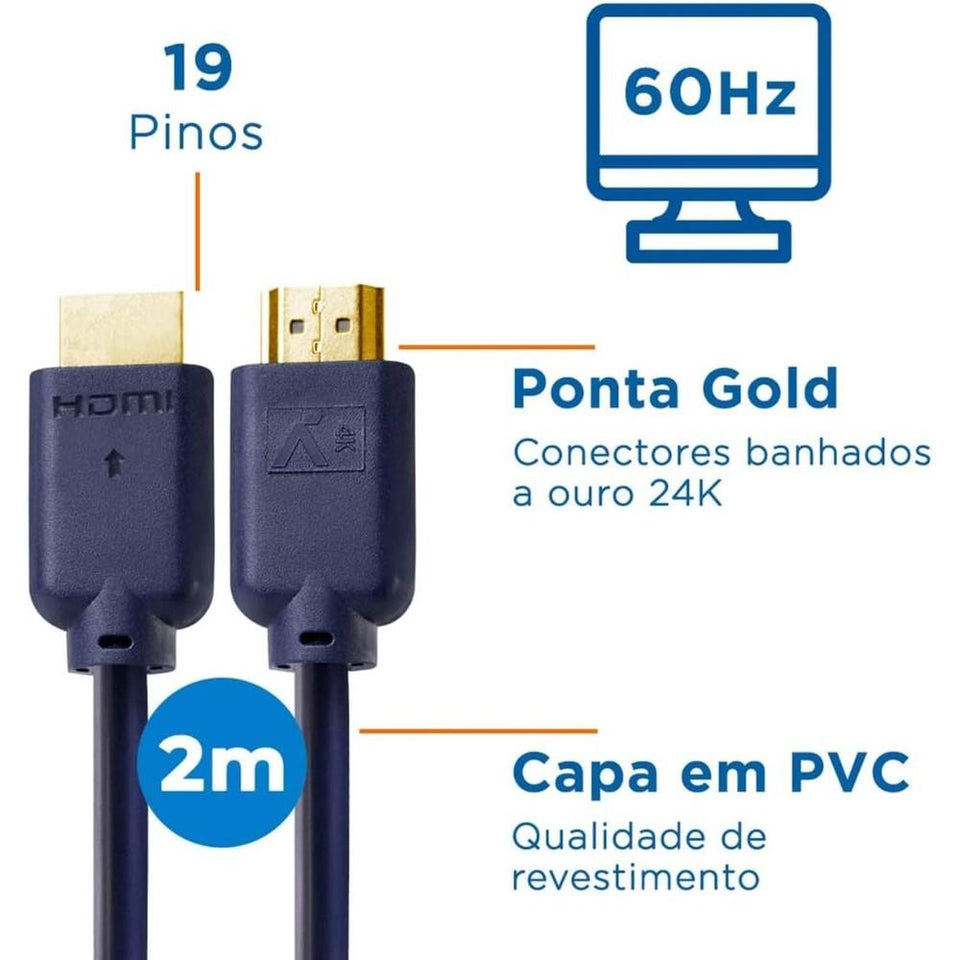 Cabo HDMI 2.0 4K 2 Metros Aquário