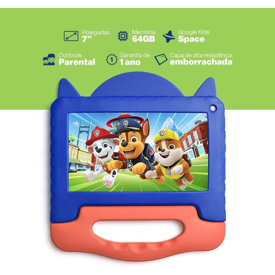 Tablet Infantil Multilaser Patrulha Canina 7” - 64GB, 4GB RAM - NB421 Azul