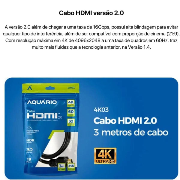 Cabo HDMI 2.0 4K 3 Metros Aquário