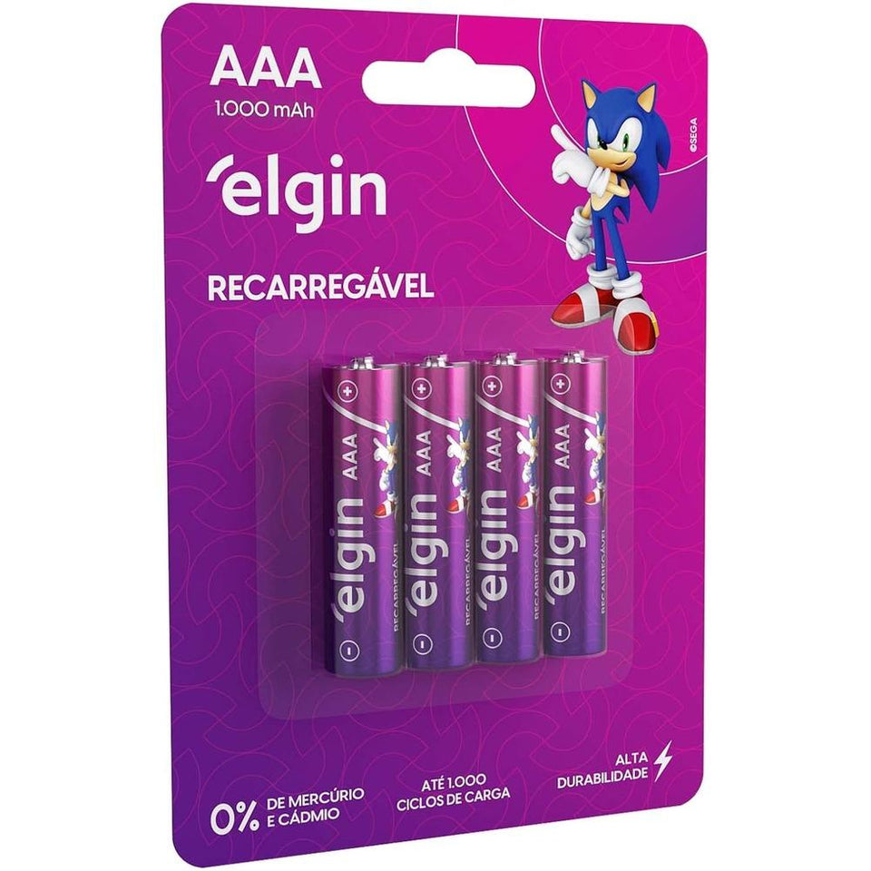 Pilha Recarregável AAA Elgin 1000mAh c/ 4 Unidades