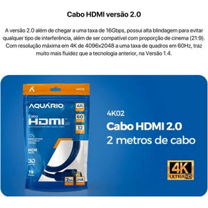 Cabo HDMI 2.0 4K 2 Metros Aquário