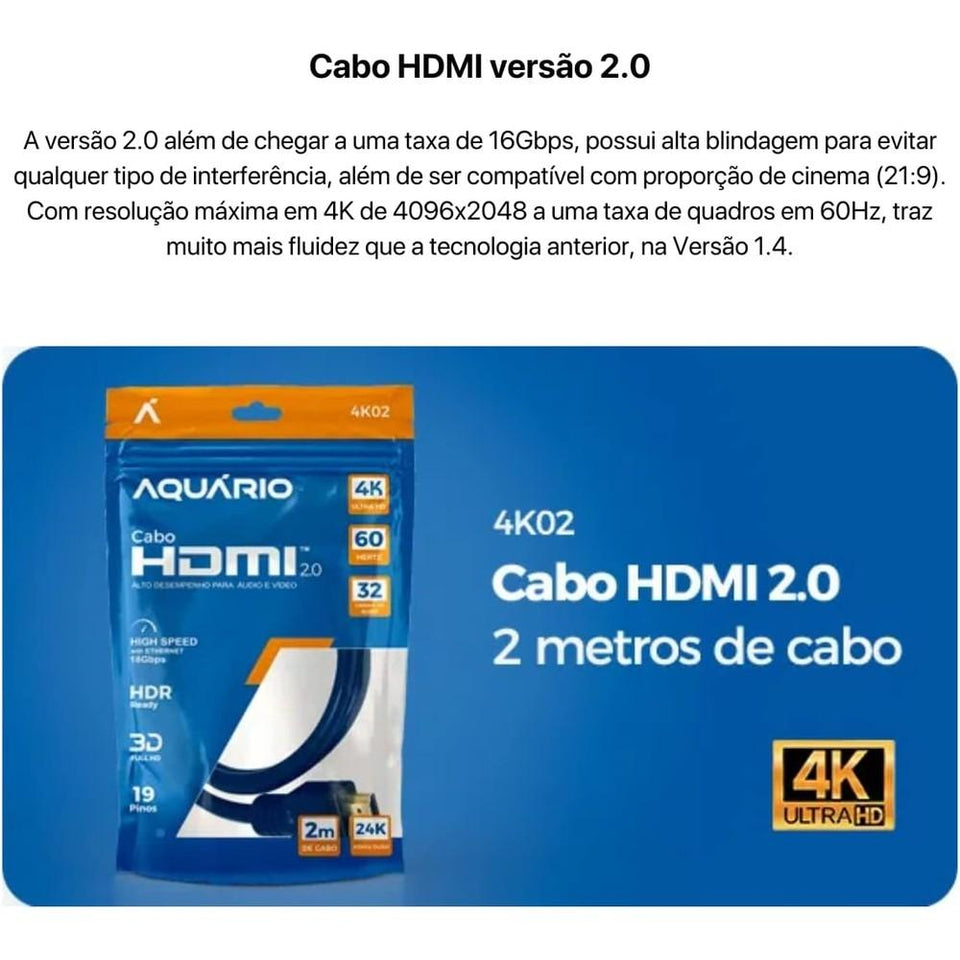Cabo HDMI 2.0 4K 2 Metros Aquário