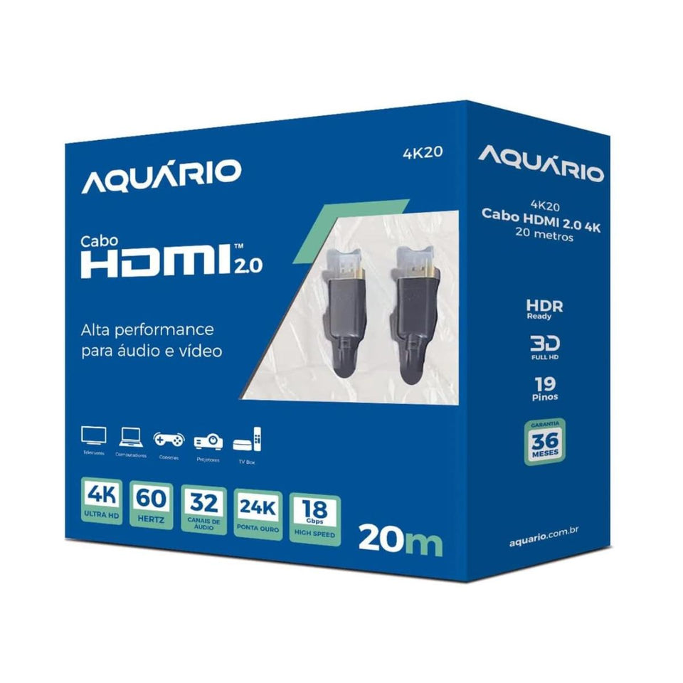 Cabo De Video Hdmi 4K 3D 19 Pinos 20 Metros Aquario