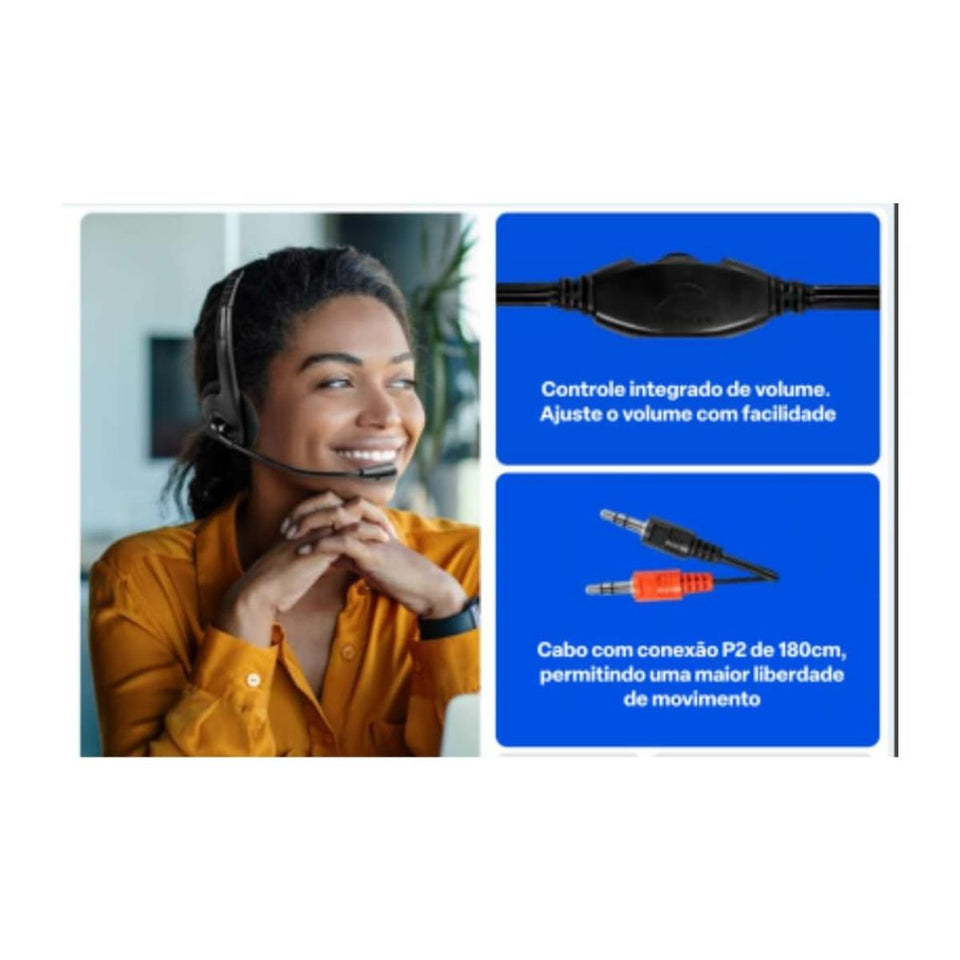 Headset C/Mic Preto Ph002 P2/Cabo Nylon Ph123 Multilaser