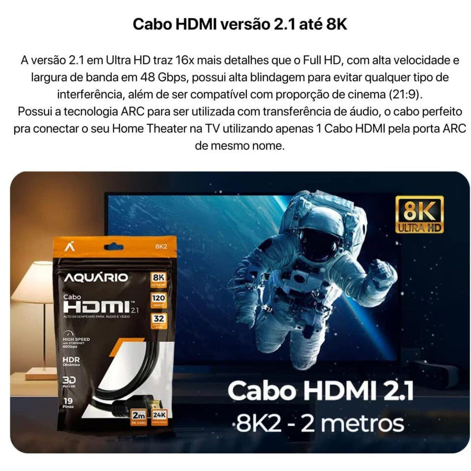 Cabo Hdmi 2.1 8K 3D 19 Pinos 2 Metro Aquario
